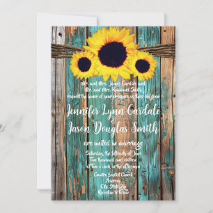 Convites Casamento Rustic Country Teal Barn Wood Sunflower