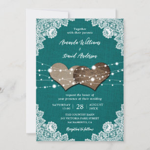 Convites Casamento Rustic Country Teal Burlap