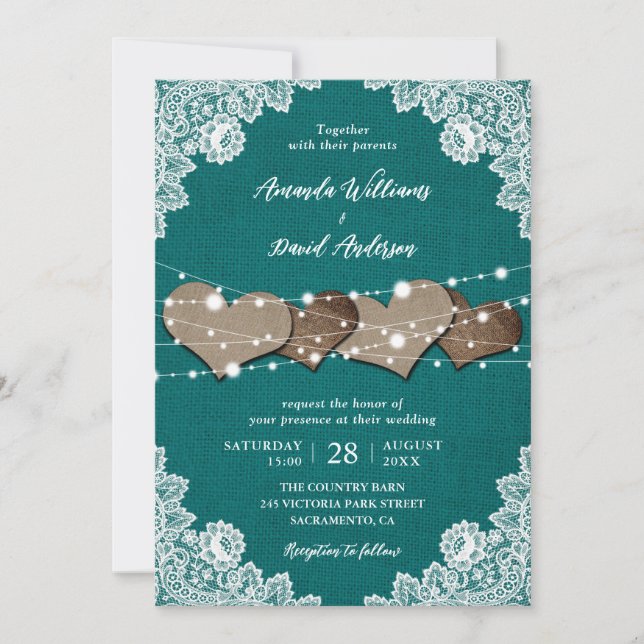 Convites Casamento Rustic Country Teal Burlap (Frente)