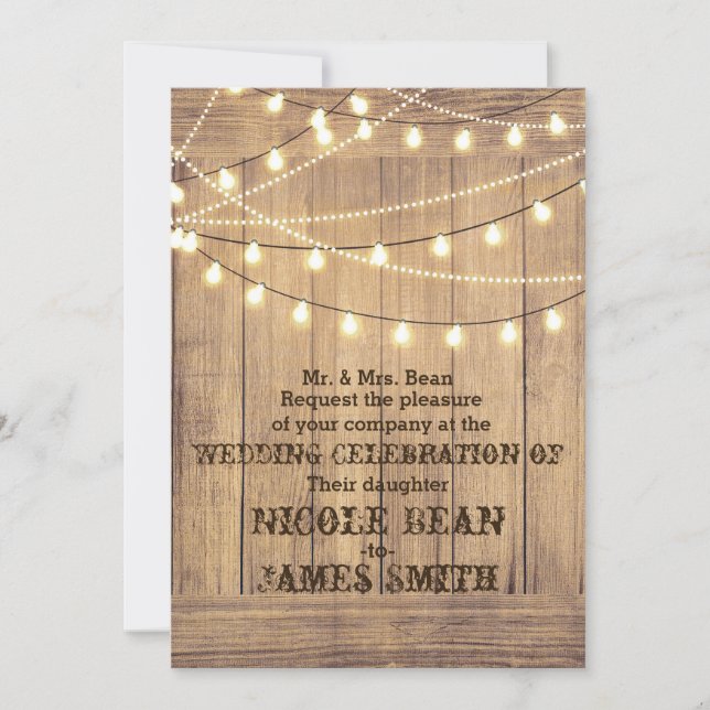 Convites Casamento Rustic Country Western Wood & Lights (Frente)