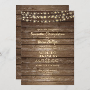 Convites Casamento Rustic Country Wood and String Lights