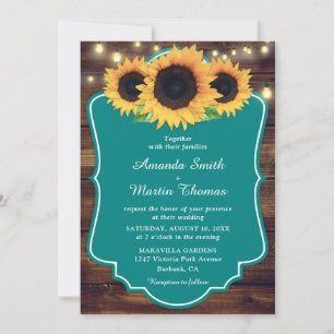 Convites Casamento Rustic Country Wood Teal Sunflower