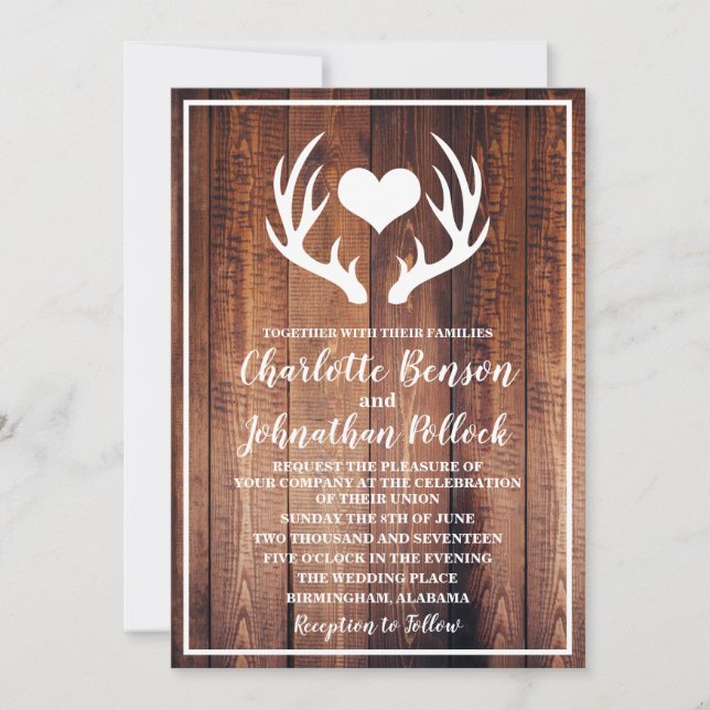 Convites Casamento Rustic Dark Barn Wood & White Deer Antle (Frente)