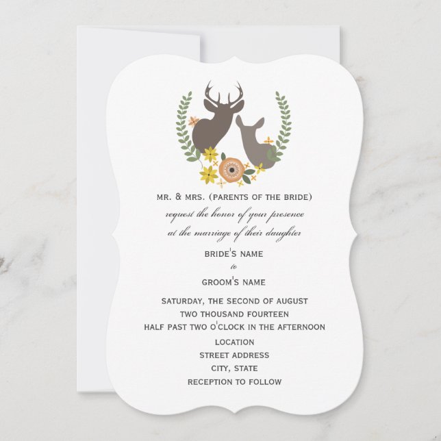 Convites Casamento Rustic Deer - Orange Floral (Frente)