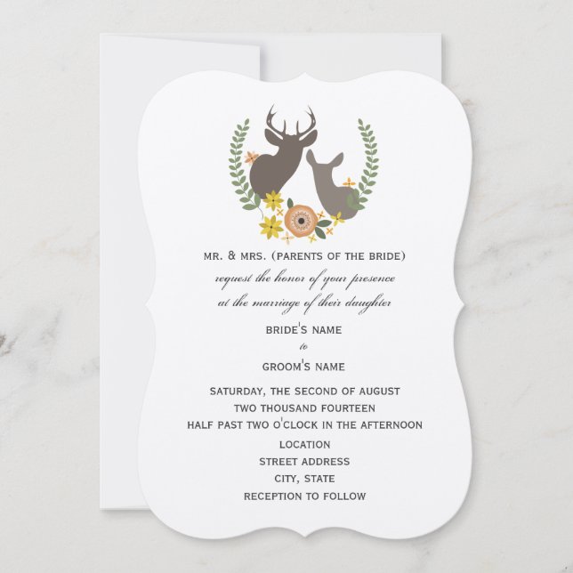 Convites Casamento Rustic Deer - Orange Floral (Frente)