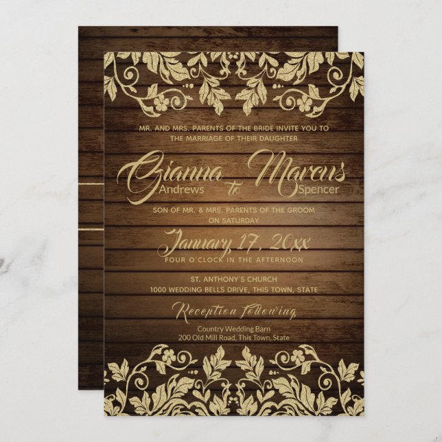Convites Casamento Rustic Dourado Damask and Barn Wood (Frente/Verso)