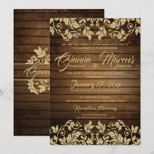 Convites Casamento Rustic Dourado Damask and Barn Wood