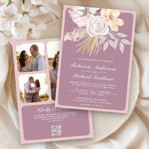 Convites Casamento Rustic Dusty Mauve Rosa Floral Código QR