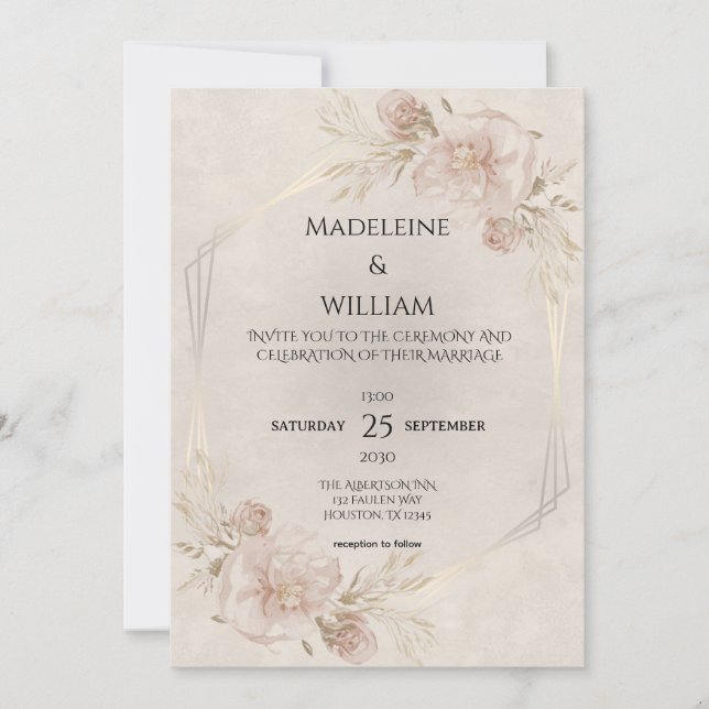 Convites Casamento Rustic Dusty Roses Rosa e Flores Selvage (Frente)