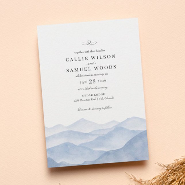 Convites Casamento Rustic Elegant Blue Mountain Watercolor (Criador carregado)