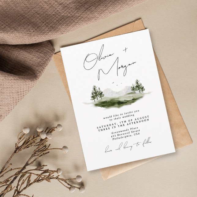 Convites Casamento Rustic Elegant Watercolor Mountain (Criador carregado)