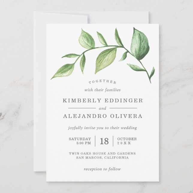 Convites Casamento Rustic Elegante Watercolor Greenery Spri (Frente)