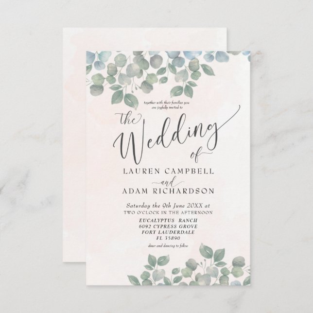 Convites Casamento Rustic Eucalyptus Green & Coral Watercol (Frente/Verso)