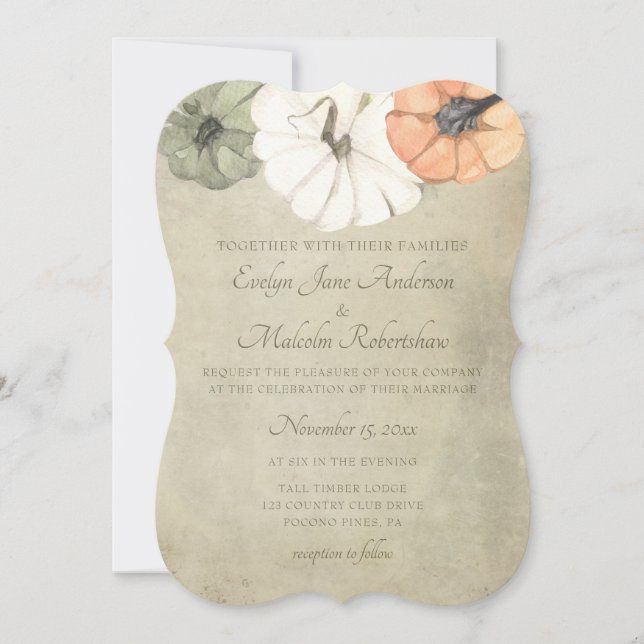 Convites Casamento Rustic Fall Autumn White, Orange Pumpkin (Frente)