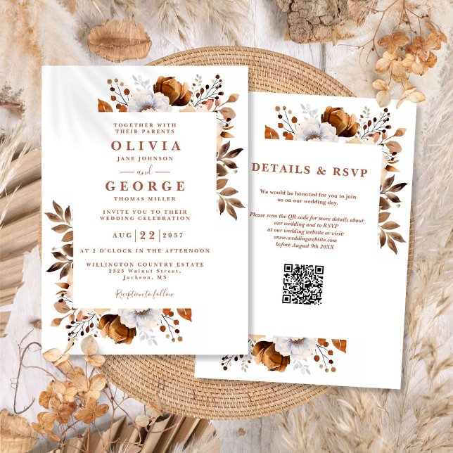 Convites Casamento Rustic Fall Terracotta Floral Código QR (Rustic Fall Terracotta Floral QR Code Wedding Invitation)