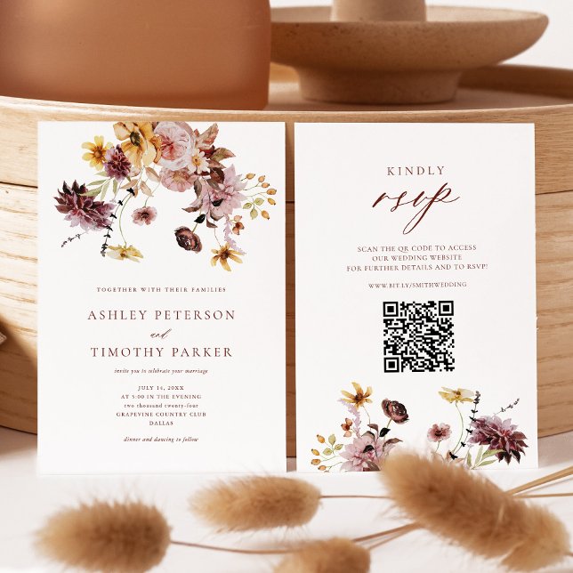 Convites Casamento Rustic Fall Terracotta Floral QR (Criador carregado)