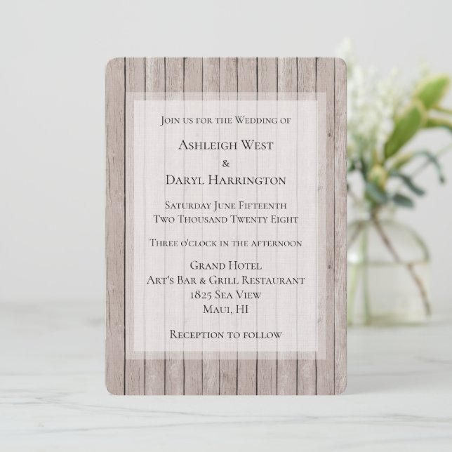 Convites Casamento Rustic Faux Brown Wood (Em pé/Frente)