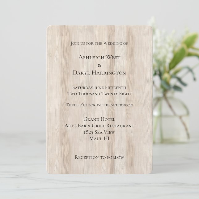 Convites Casamento Rustic Faux Cream White Wood (Em pé/Frente)