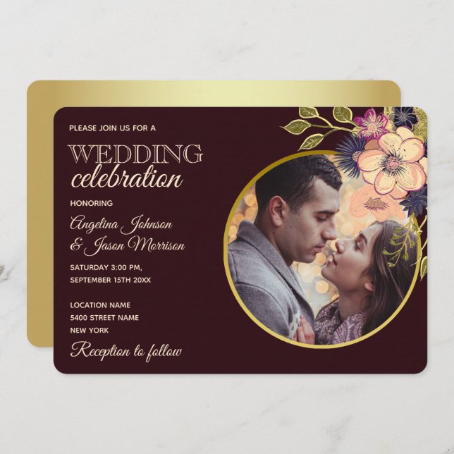 Convites Casamento Rustic Floral Burgundy (Frente/Verso)