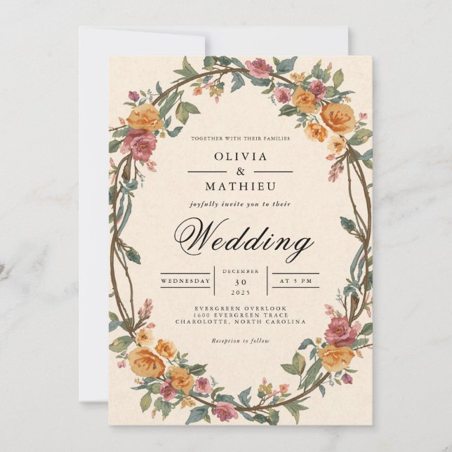 Convites Casamento Rustic Floral Oval Border (Frente)
