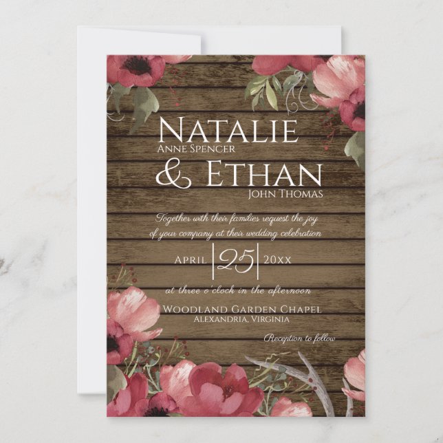 Convites Casamento Rustic Floral Rosa Wood Barn (Frente)