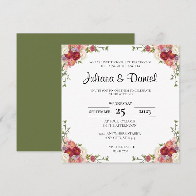 Convites Casamento Rustic Floral Square (Frente/Verso)