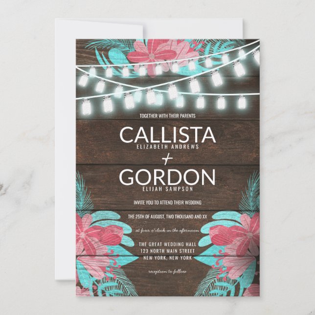 Convites Casamento Rustic Floral Wood Mason Jar Lights (Frente)