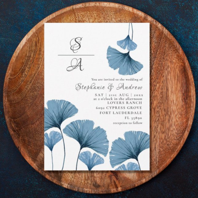 Convites Casamento Rustic Foliage Blue & White Gingko (Criador carregado)