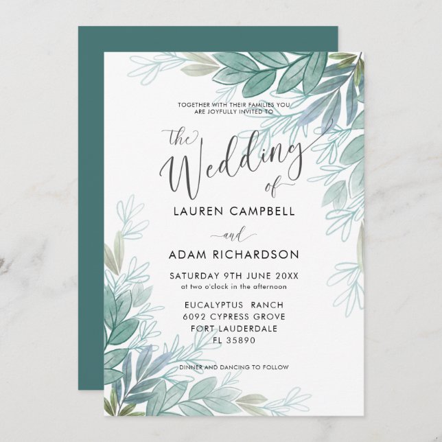 Convites Casamento Rustic Foliage Sage Green & Teal Greener (Frente/Verso)