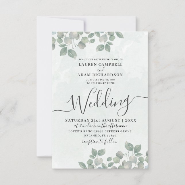Convites Casamento Rustic Green Eucalyptus Watercolor (Frente)