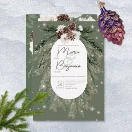 Convites Casamento Rustic Green Pine Winter Sparkle
