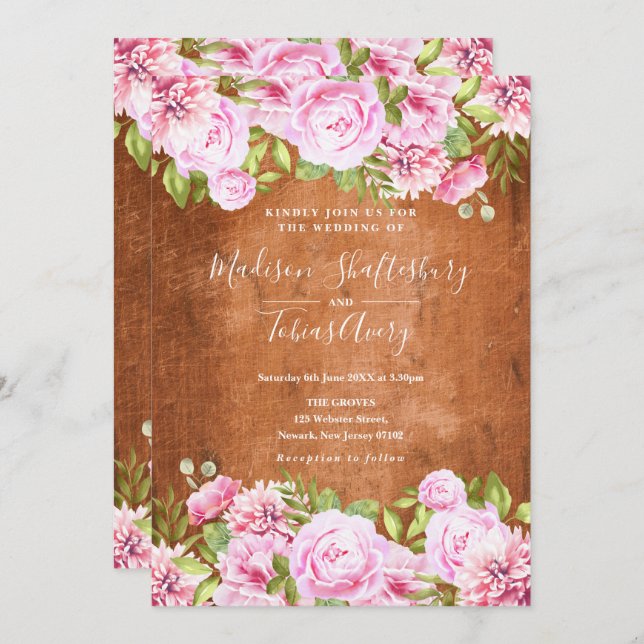 Convites Casamento Rustic Greenery Blush Pink Peony (Frente/Verso)