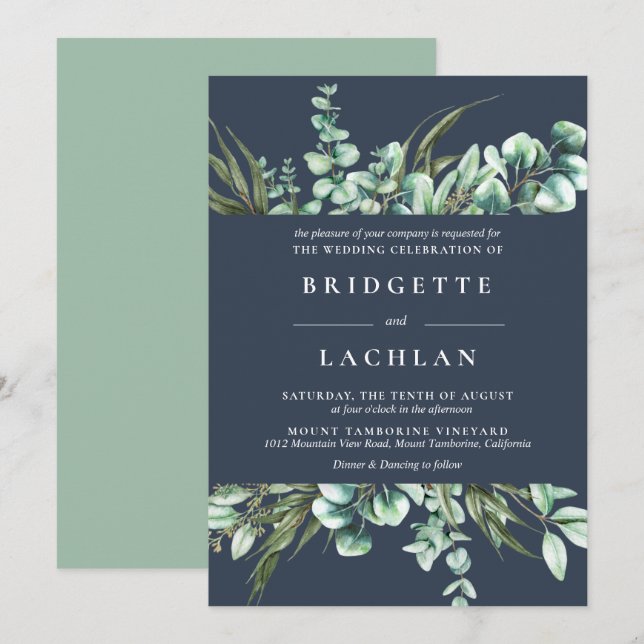 Convites Casamento Rustic Greenery e Eucalyptus Marinho (Frente/Verso)