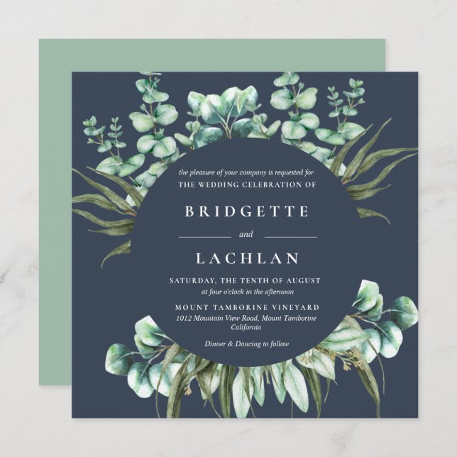 Convites Casamento Rustic Greenery e Marinho Eucalyptus SQ (Frente/Verso)