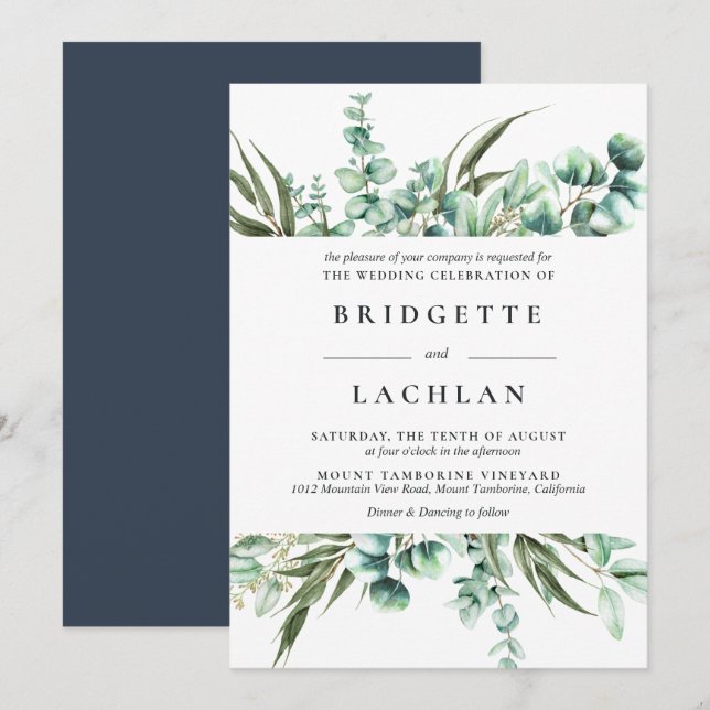 Convites Casamento Rustic Greenery Eucalyptus Watercolor (Frente/Verso)