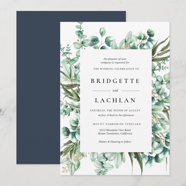 Convites Casamento Rustic Greenery Eucalyptus Watercolor (Frente/Verso)