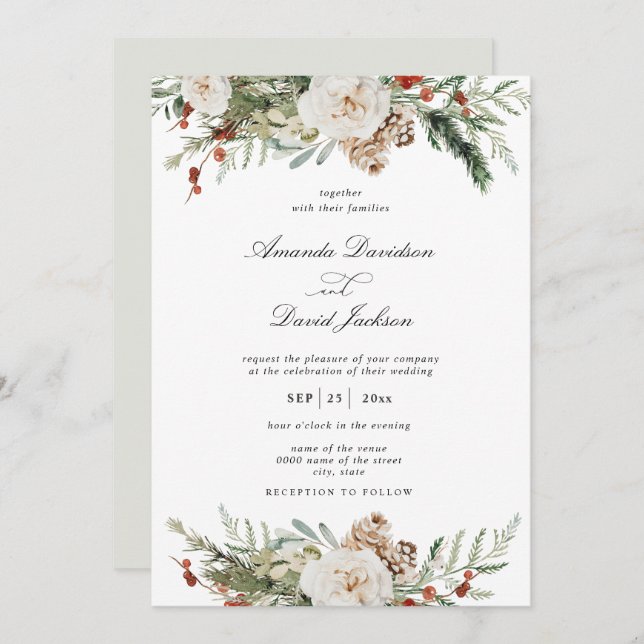Convites Casamento Rustic Greenery White Floral Red Berries (Frente/Verso)