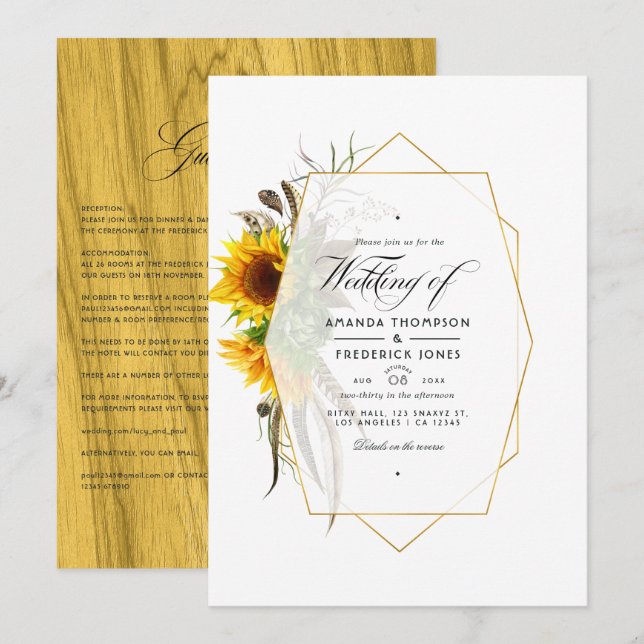 Convites Casamento Rustic Herbarium Sunflower Bohemian (Frente/Verso)