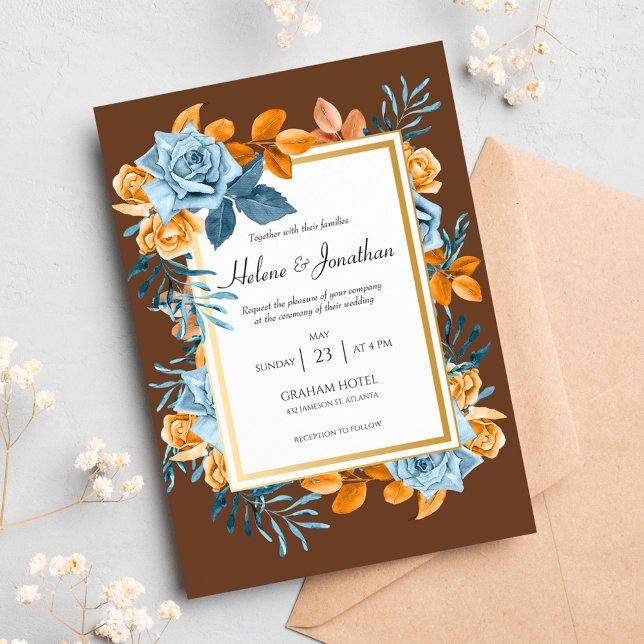 Convites Casamento Rustic Indigo Rust Chic Floral Modern Bo (Criador carregado)