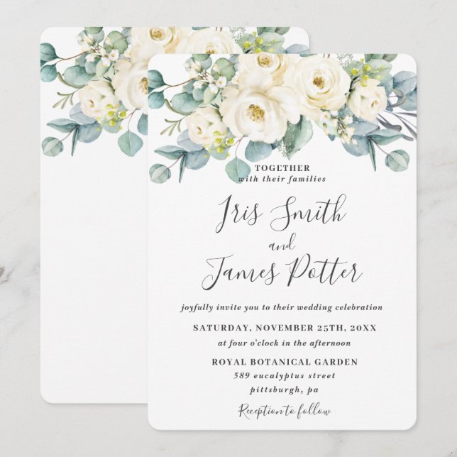 Convites Casamento Rustic Ivory White Floral Rosa Eucalyptu (Frente/Verso)