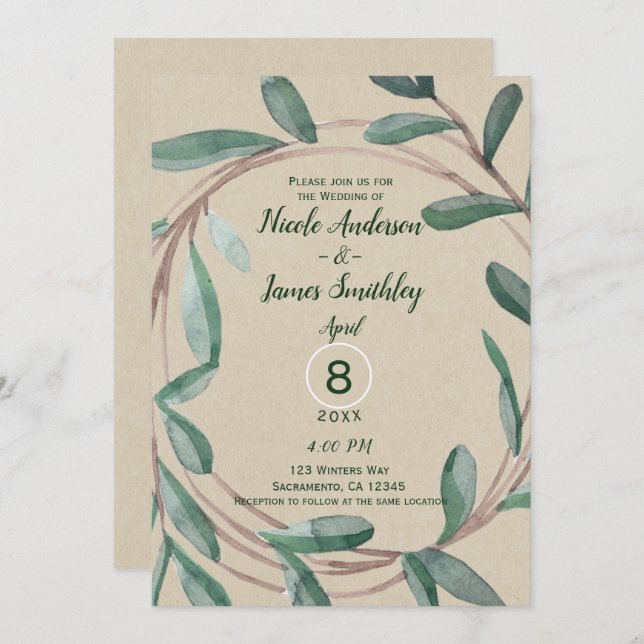 Convites Casamento Rustic Kraft Botanical Wreath Leaf (Frente/Verso)
