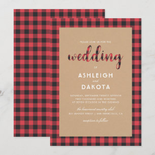 Convites Casamento Rustic Kraft & Buffalo Xadrez Script