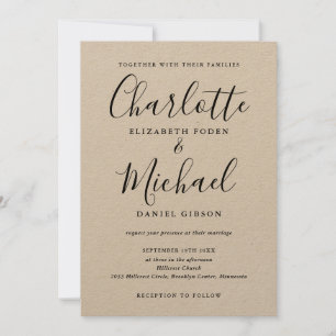Convites Casamento Rustic Kraft de Script de Assinatura Neg