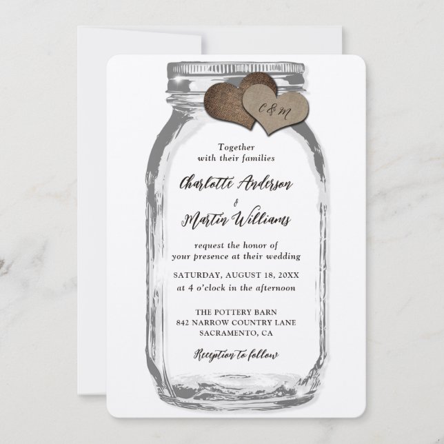 Convites Casamento Rustic Kraft Mason Jar Two Burlap Hearts (Frente)