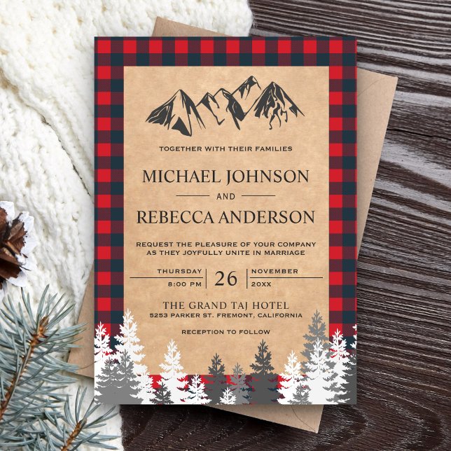 Convites Casamento Rustic Kraft Red Buffalo Xadrez Mountain (Criador carregado)