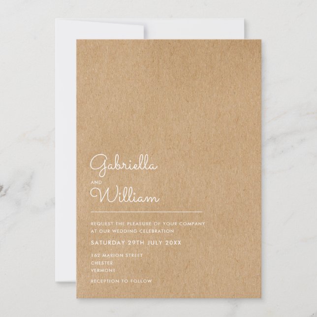 Convites Casamento Rustic Kraft, Script Natural Simples (Frente)