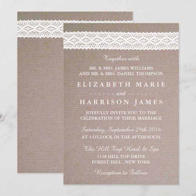 Convites Casamento Rustic Kraft & Vintage White Lace (Frente/Verso)