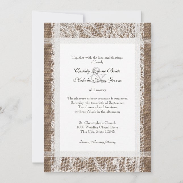 Convites Casamento Rustic Lace e Burlap 7x5 (Frente)