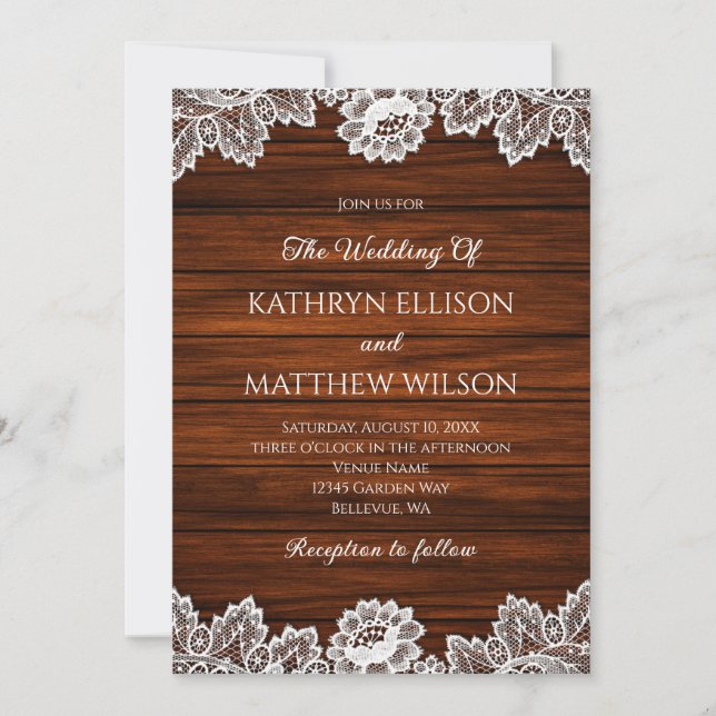 Convites Casamento Rustic Lace Wood Pattern (Frente)