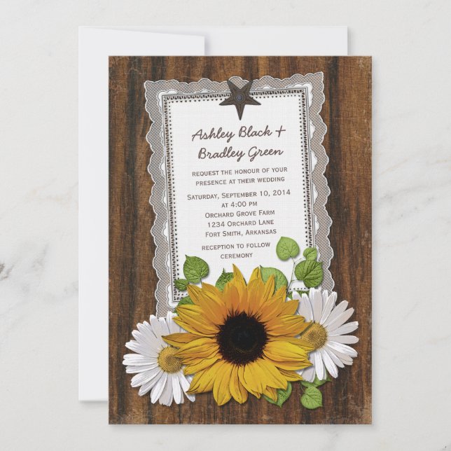 Convites Casamento Rustic Lace Wood Sunflower Daisy Country (Frente)